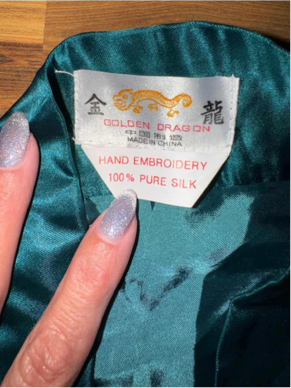 Vintage Golden Dragon Pure Silk Embroidered Kimono Robe Emerald Green Medium - Picture 5 of 8